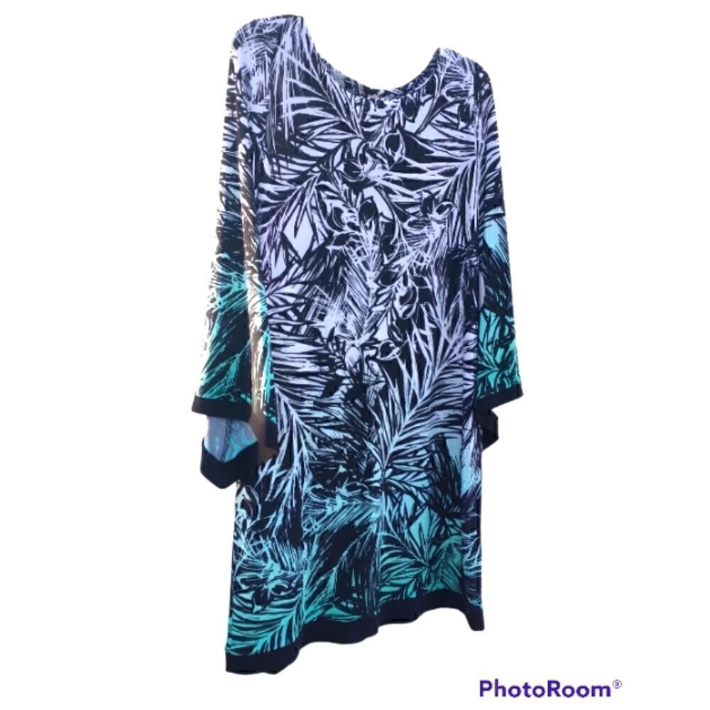 Emma & Michelle black, white, aqua tropical fauna dress size L